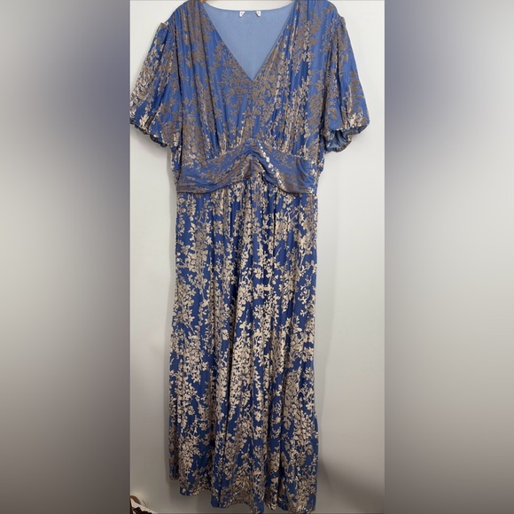 Baltic Born Leslie Blue Velvet Maxi Dress 2XL Puff Sleeves Boho - Picture 3 of 7
